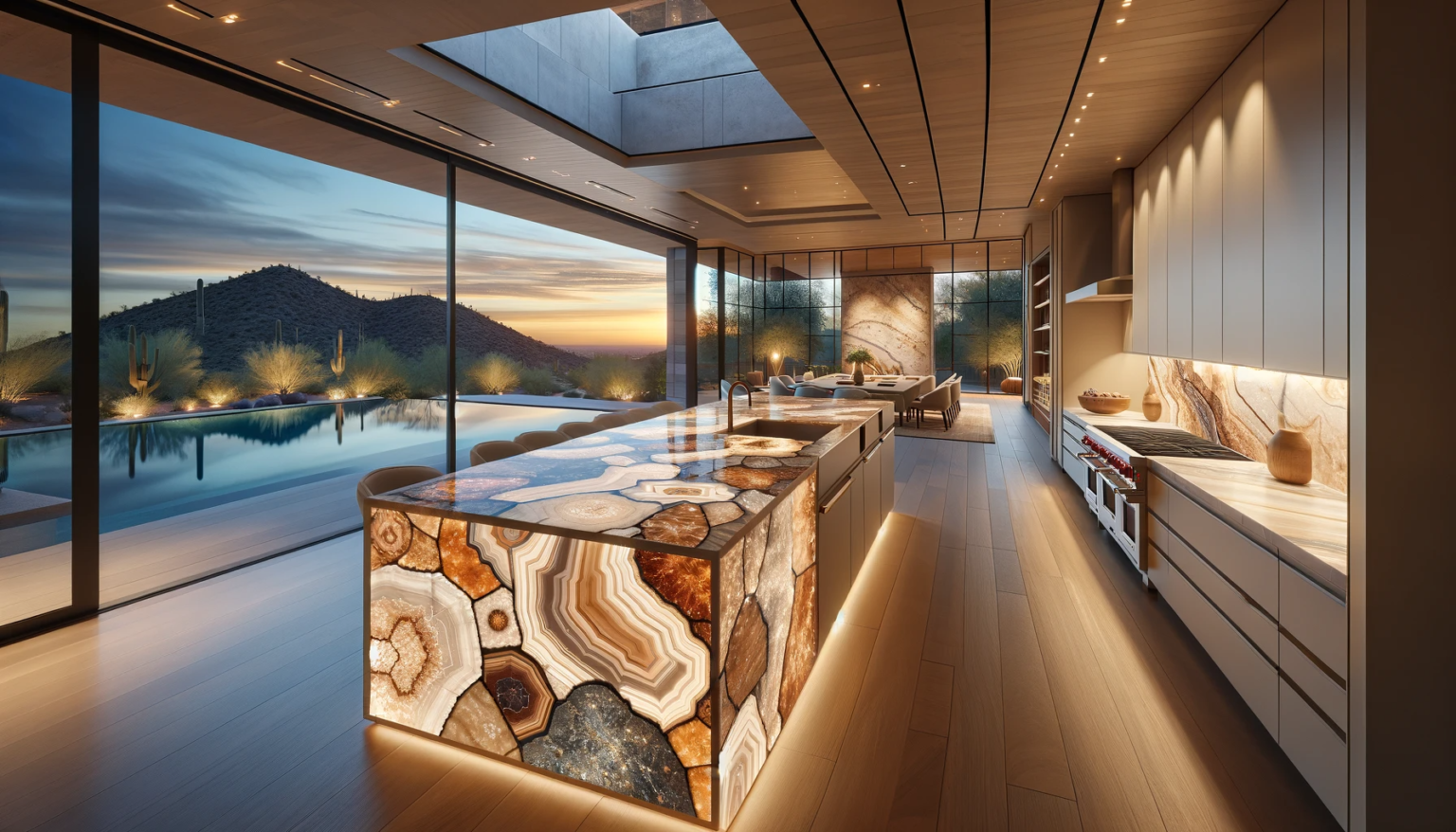 Recomposed Natural Gemstone - kitchen island in warm hues and mountain views