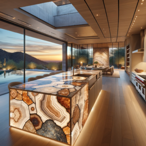 Recomposed Natural Gemstone - kitchen island in warm hues and mountain views