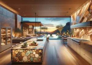 Recomposed Natural Gemstones - brown and aqua hues add warmth to this open kitchen