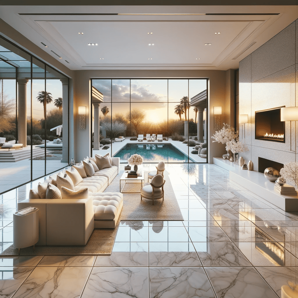 Natural Stone Tiles - White Marble Tiles and interior with desert views 3