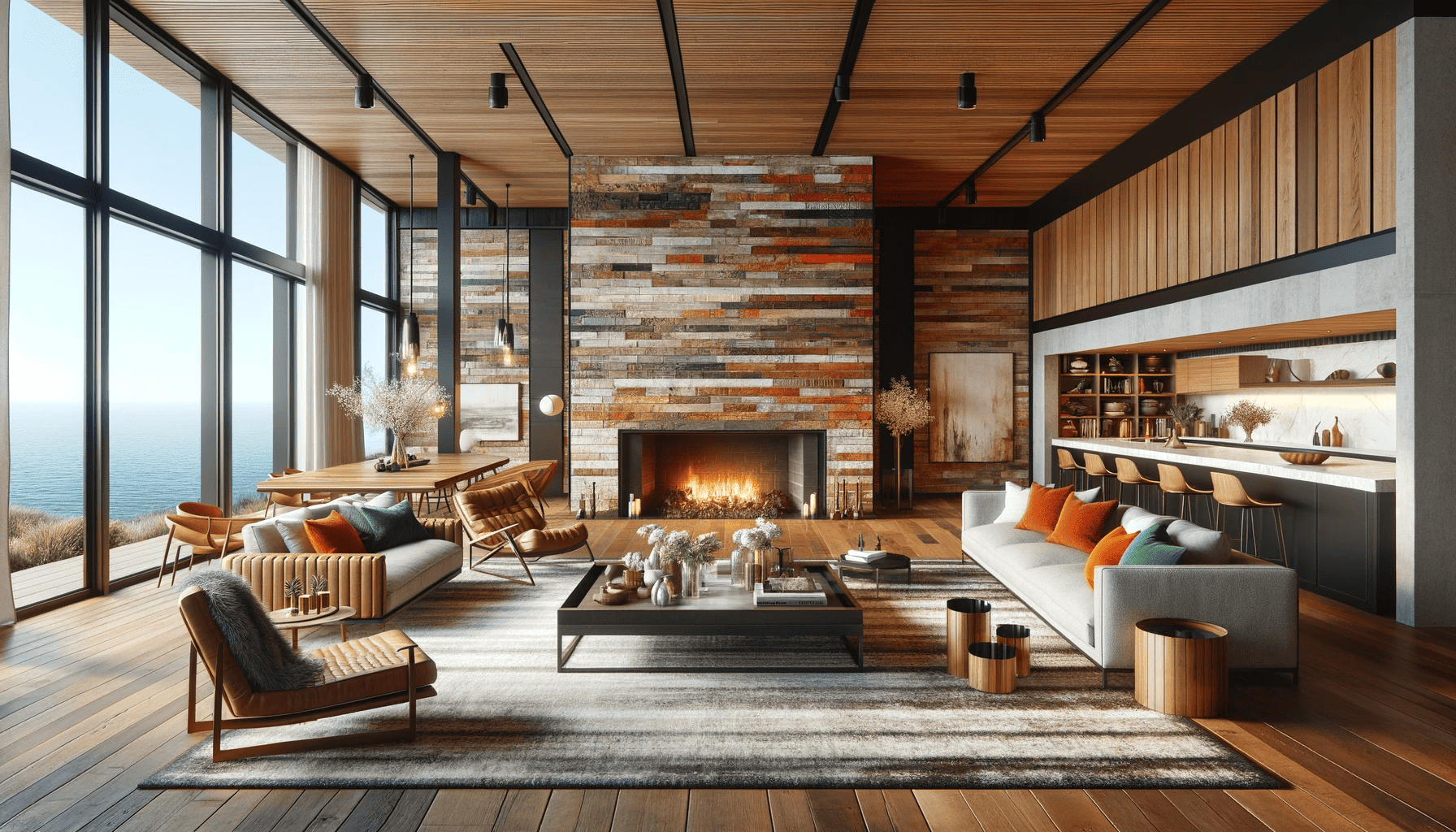 Reclaimed Brick Accent Walls in multi color hues - wood floor & ceiling - marble slab