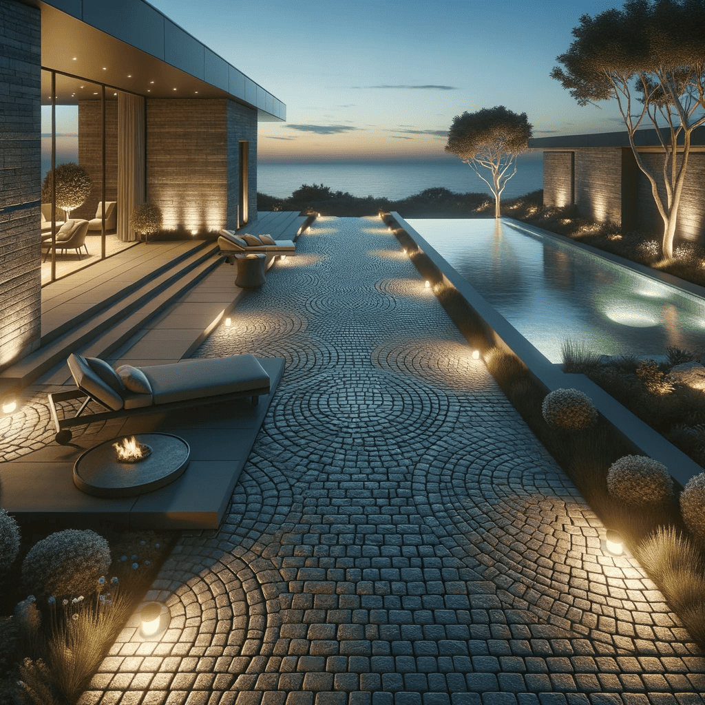 Reclaimed Cobblestone - image of a modern luxurious home's backyard, landscape showcases a pathway
