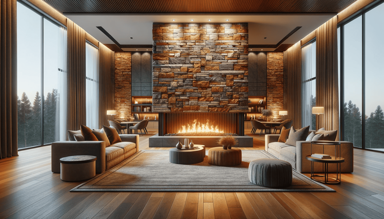 Natural Stone Wall Panels sitting area around fireplace with flooring featuring Reclaimed Wood planks in a smooth finish.