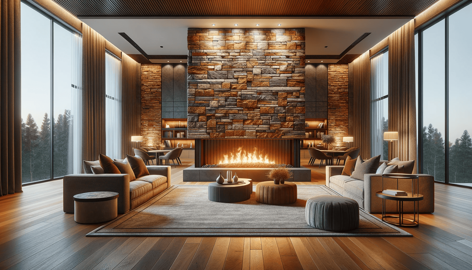 Natural Stone Wall Panels sitting area around fireplace with flooring featuring Reclaimed Wood planks in a smooth finish.